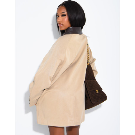 Veste mi-longue oversize à col en similicuir