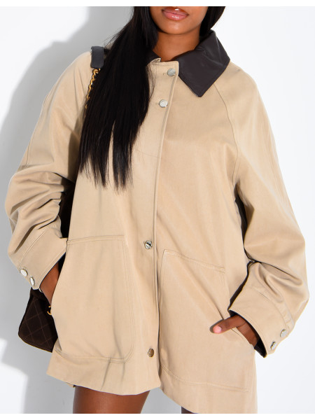 Veste mi-longue oversize à col en similicuir