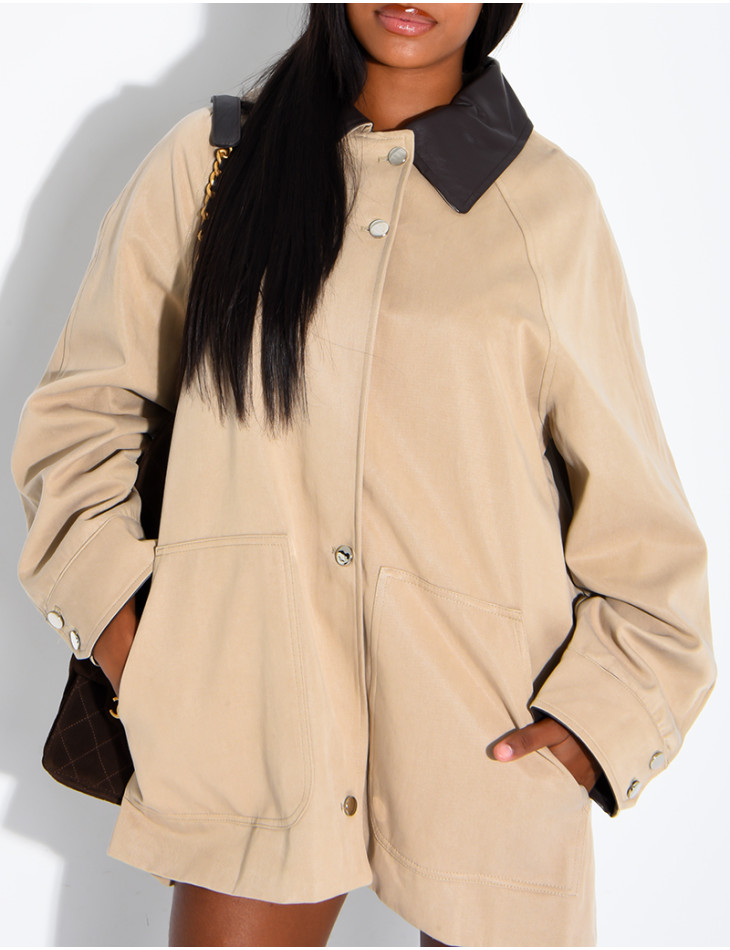Veste mi-longue oversize à col en similicuir