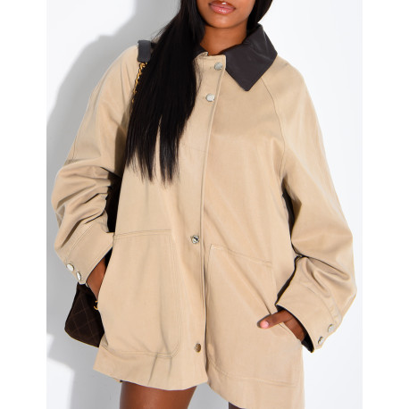 Veste mi-longue oversize à col en similicuir