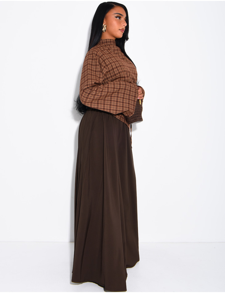 Set aus drapierter karierter Bluse und langem, ausgestelltem Rock