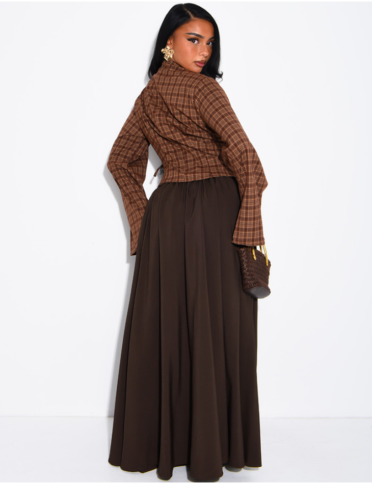 Set aus drapierter karierter Bluse und langem, ausgestelltem Rock