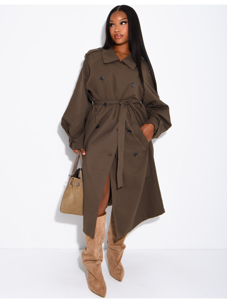 Long, oversized trench coat with a textured stand-up collar and a belt at the waist