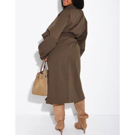 Long, oversized trench coat with a textured stand-up collar and a belt at the waist