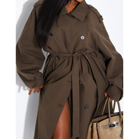 Long, oversized trench coat with a textured stand-up collar and a belt at the waist