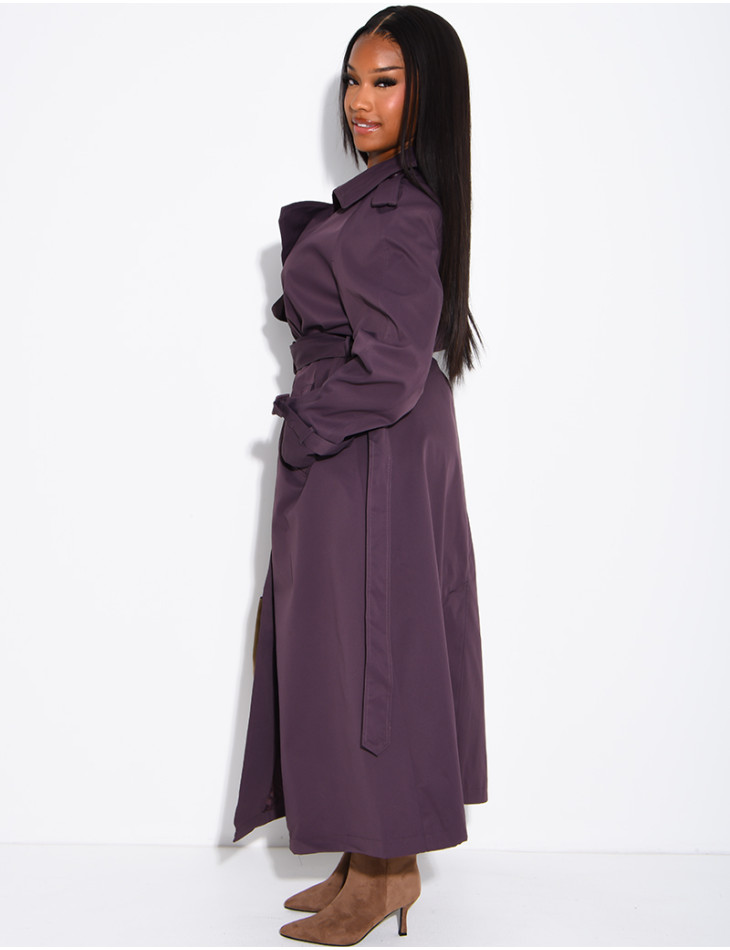 Extra-long trench coat to tie at the waist