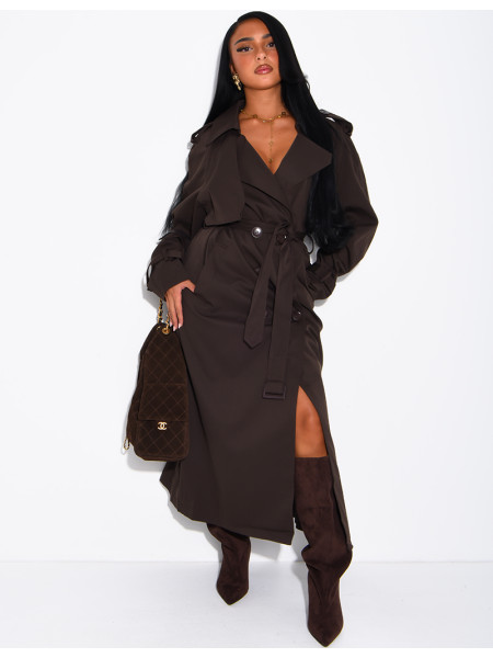 Extra-long trench coat to tie at the waist