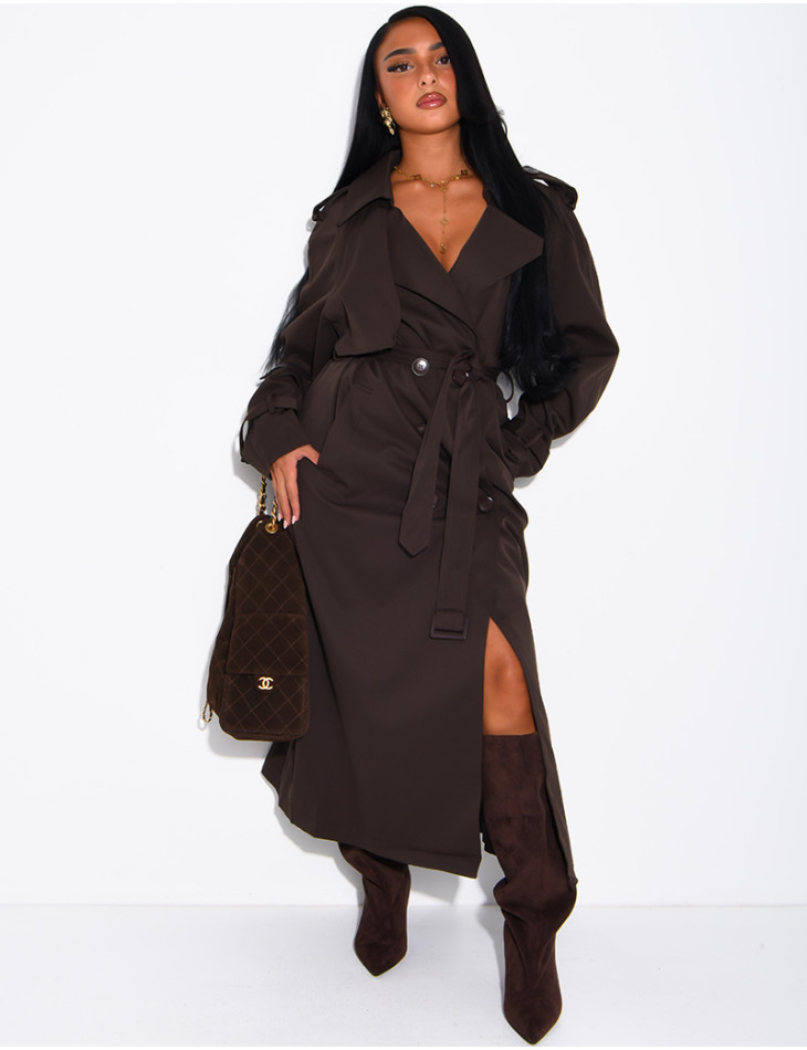 Extra-long trench coat to tie at the waist