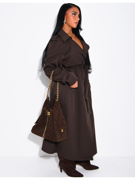 Extra-long trench coat to tie at the waist