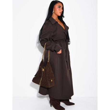 Extra-long trench coat to tie at the waist