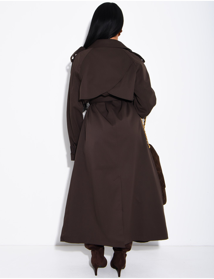 Extra-long trench coat to tie at the waist