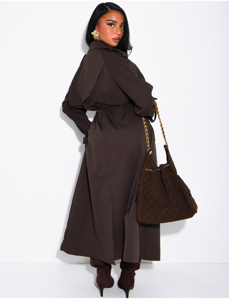 Extra-long trench coat to tie at the waist