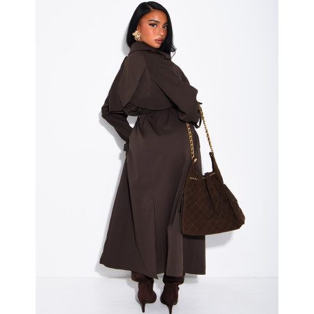 Extra-long trench coat to tie at the waist