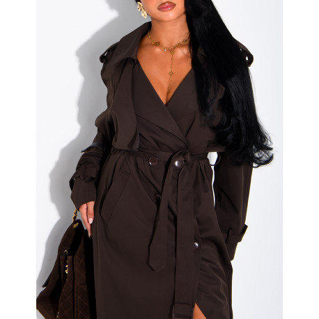 Extra-long trench coat to tie at the waist