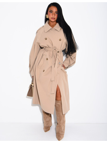 Long, oversized trench coat with a textured stand-up collar and a belt at the waist