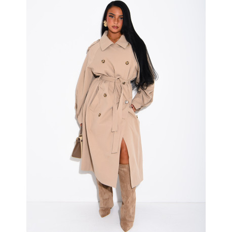 Long, oversized trench coat with a textured stand-up collar and a belt at the waist