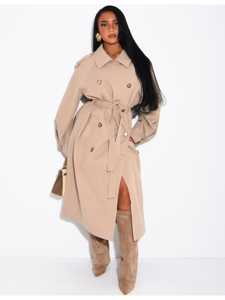 Long, oversized trench coat with a textured stand-up collar and a belt at the waist