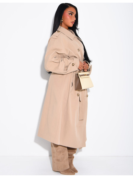 Long, oversized trench coat with a textured stand-up collar and a belt at the waist