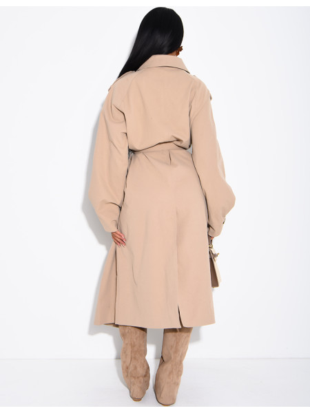 Long, oversized trench coat with a textured stand-up collar and a belt at the waist