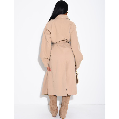 Long, oversized trench coat with a textured stand-up collar and a belt at the waist