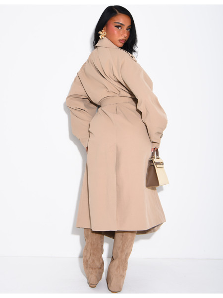 Long, oversized trench coat with a textured stand-up collar and a belt at the waist