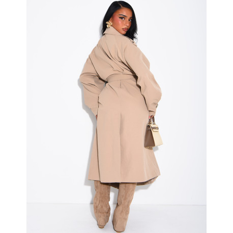 Long, oversized trench coat with a textured stand-up collar and a belt at the waist