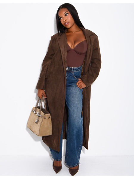 Extra-long suede-effect blazer with a stand-up collar