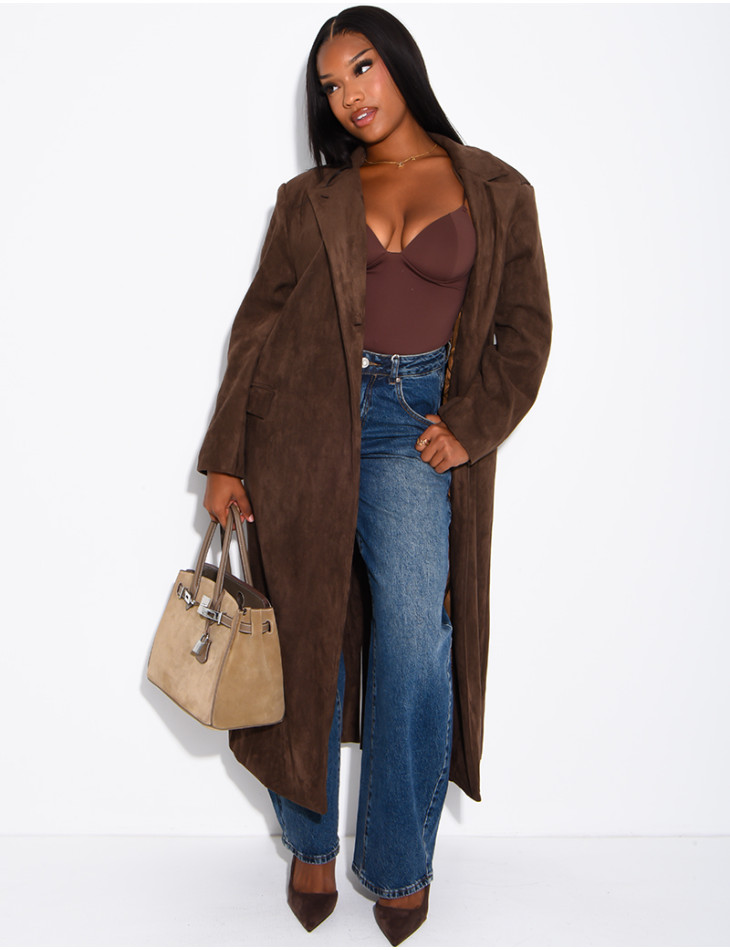 Extra-long suede-effect blazer with a stand-up collar