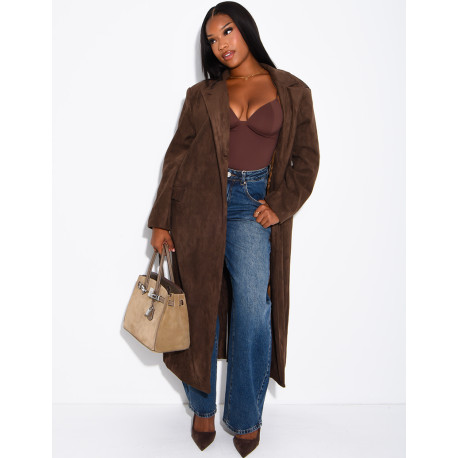 Extra-long suede-effect blazer with a stand-up collar