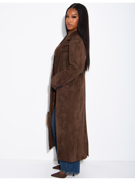 Extra-long suede-effect blazer with a stand-up collar