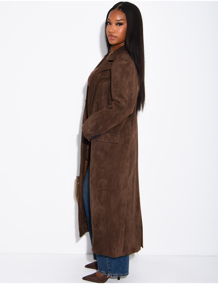 Extra-long suede-effect blazer with a stand-up collar