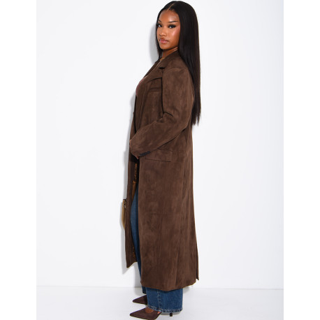 Extra-long suede-effect blazer with a stand-up collar