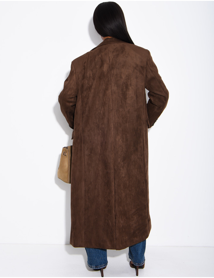 Extra-long suede-effect blazer with a stand-up collar