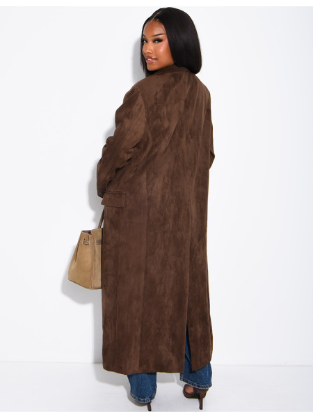 Extra-long suede-effect blazer with a stand-up collar