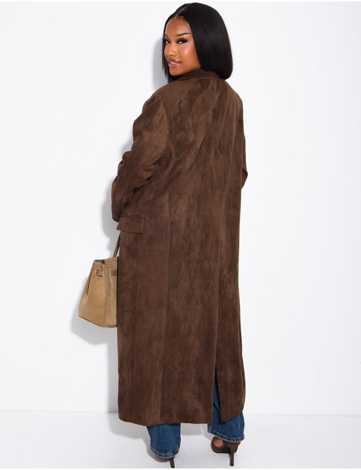 Extra-long suede-effect blazer with a stand-up collar