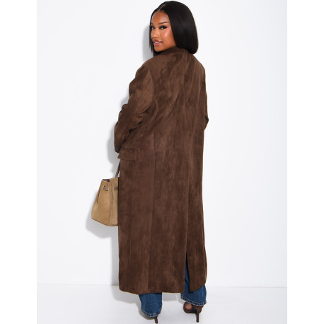 Extra-long suede-effect blazer with a stand-up collar