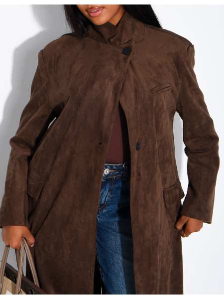Extra-long suede-effect blazer with a stand-up collar