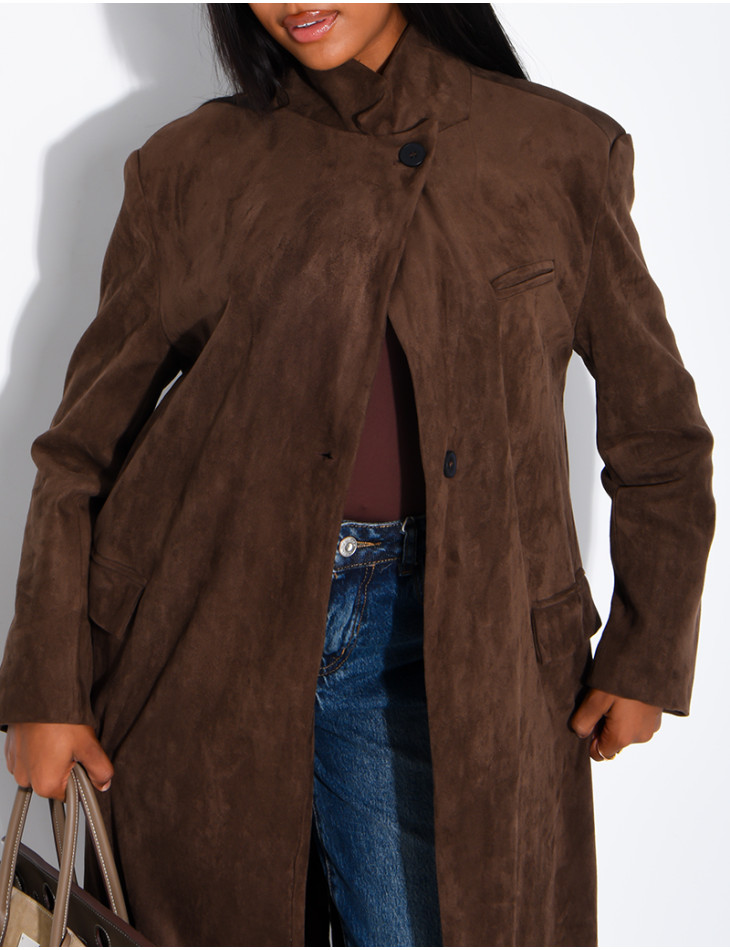 Extra-long suede-effect blazer with a stand-up collar