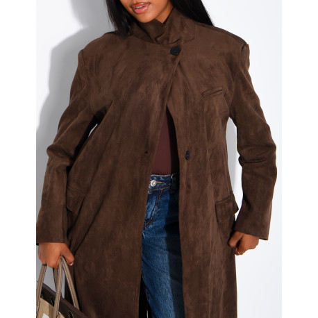 Extra-long suede-effect blazer with a stand-up collar