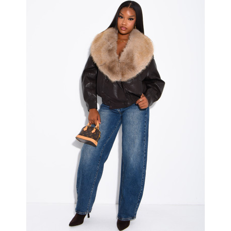 Grained faux leather jacket with faux fur collar