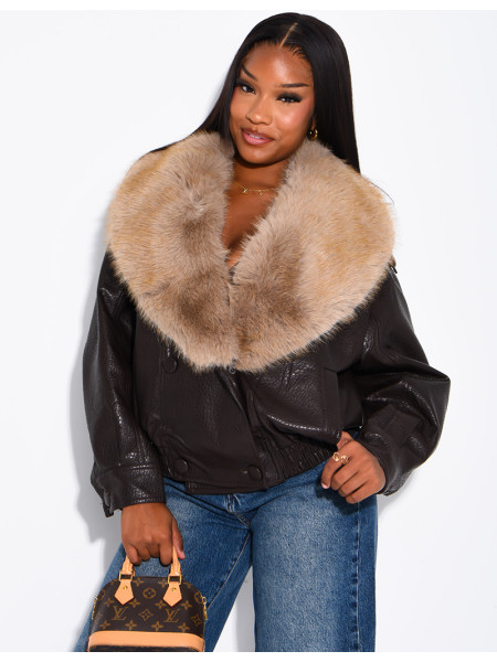 Grained faux leather jacket with faux fur collar