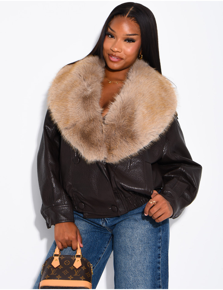 Grained faux leather jacket with faux fur collar