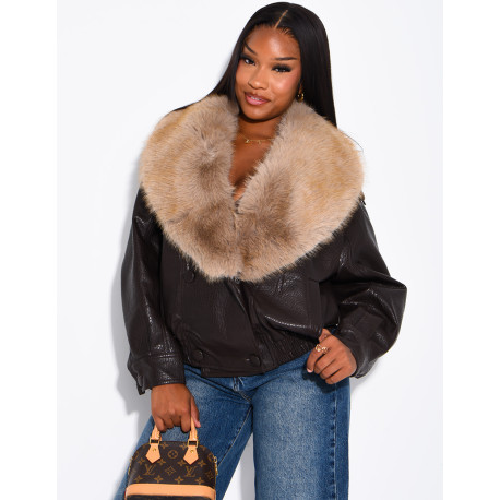 Grained faux leather jacket with faux fur collar
