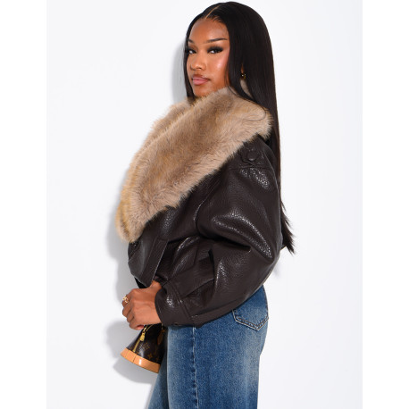 Grained faux leather jacket with faux fur collar