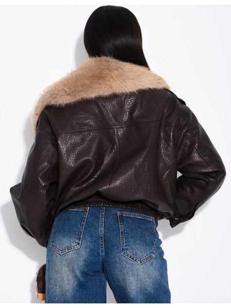 Grained faux leather jacket with faux fur collar