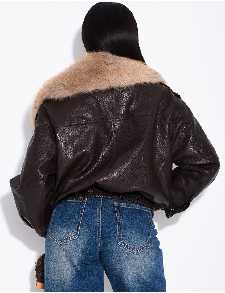 Grained faux leather jacket with faux fur collar