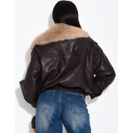 Grained faux leather jacket with faux fur collar