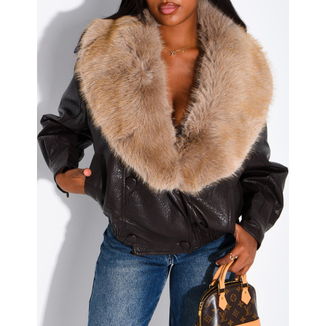 Grained faux leather jacket with faux fur collar