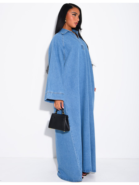 Long, loose-fitting denim dress with a shirt collar