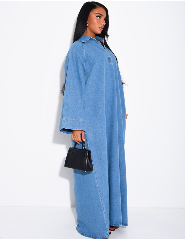 Long, loose-fitting denim dress with a shirt collar
